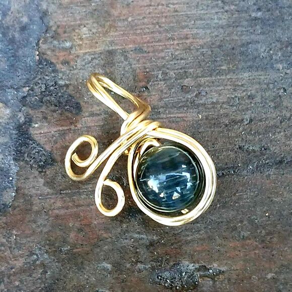 Tigers Eye Crystal Beaded Charm Pendant, Wire Wrapped, Gold, 8mm - Picture 1 of 3